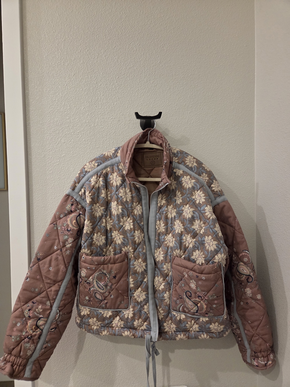 Blank NYC Quilted Floral Embroidered Puffer Jacket - Mauve & Cream